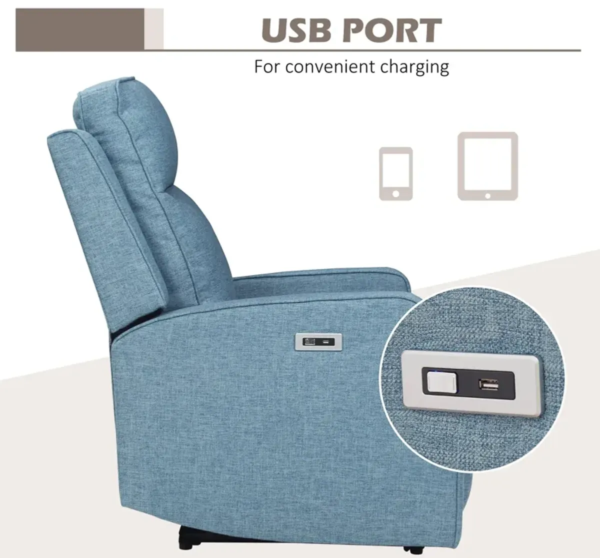 Blue Power Recliner: Wall Hugger Chair with Linen Upholstery