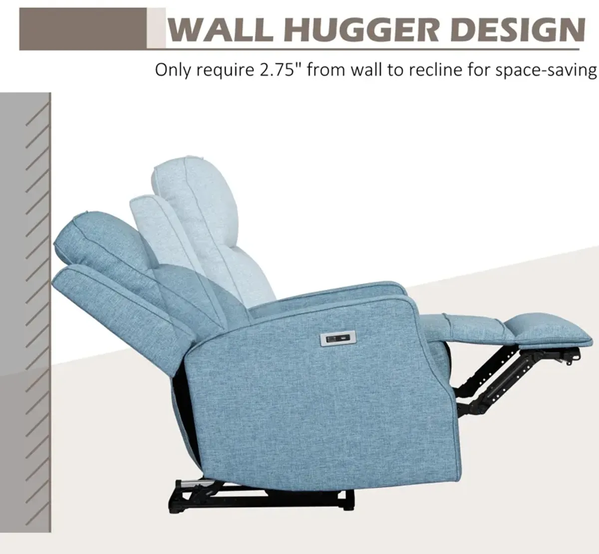 Blue Power Recliner: Wall Hugger Chair with Linen Upholstery