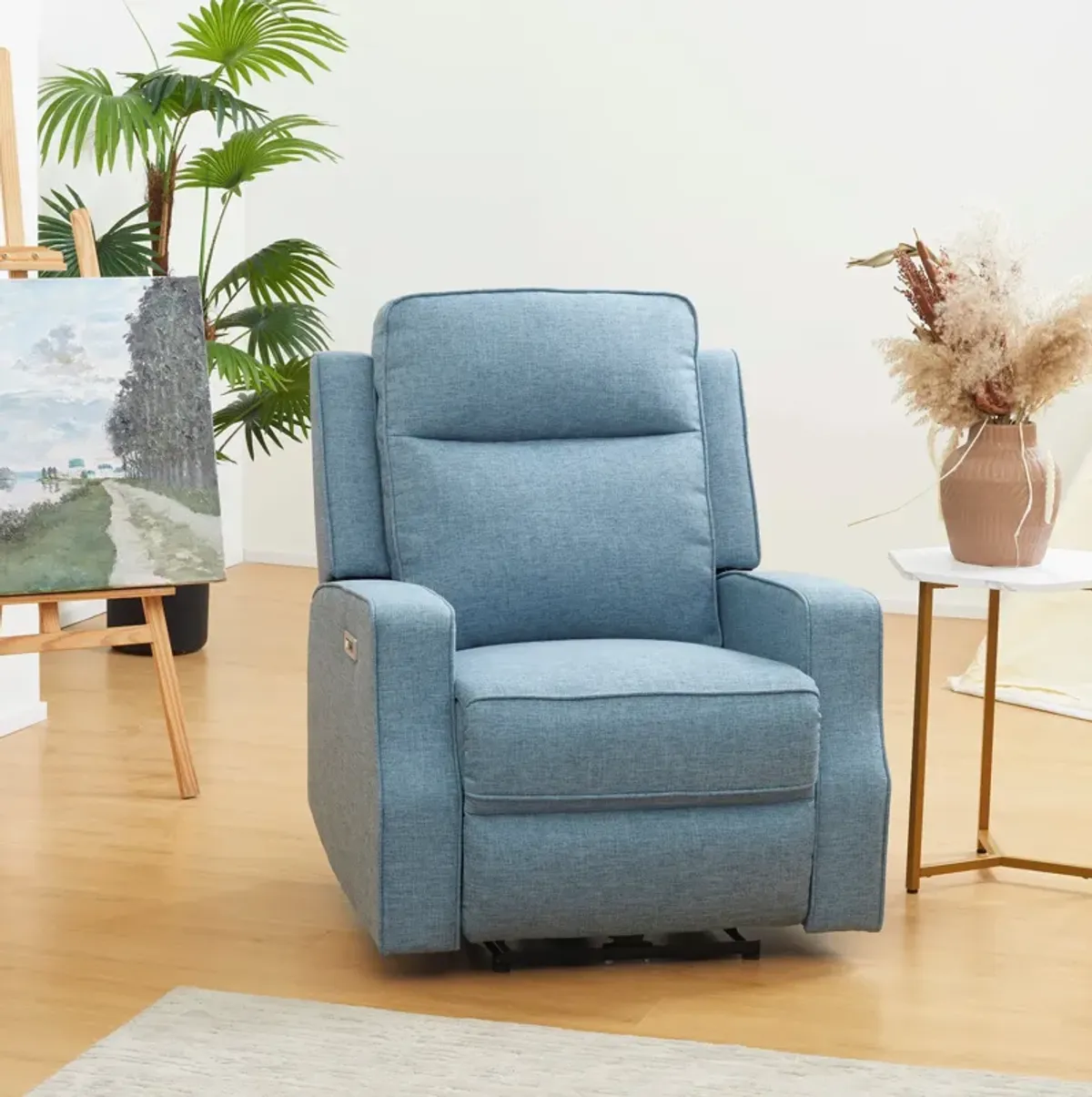 Blue Power Recliner: Wall Hugger Chair with Linen Upholstery