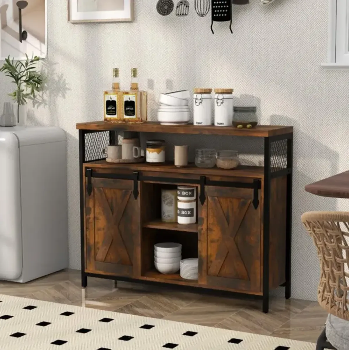 Hivvago Buffet Cabinet with 3-Level Adjustable Shelves and 2 Sliding Barn Doors