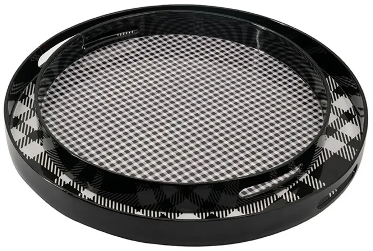 2 Piece Round Decorative Tray, Plastic Frame, Black and White Plaid Print - Benzara