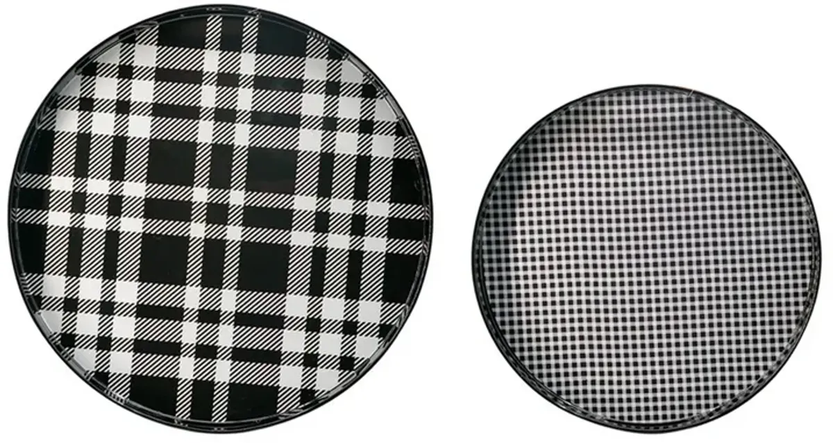 2 Piece Round Decorative Tray, Plastic Frame, Black and White Plaid Print - Benzara