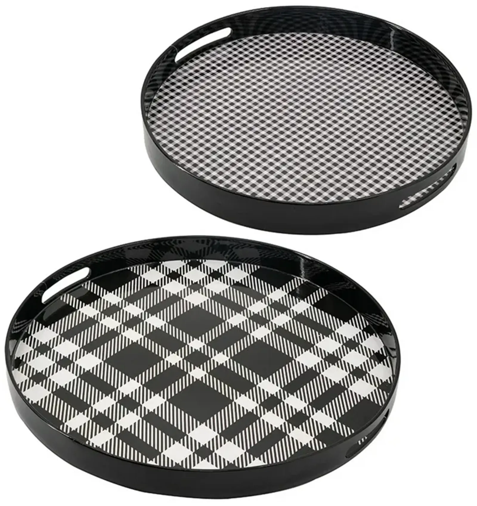 2 Piece Round Decorative Tray, Plastic Frame, Black and White Plaid Print - Benzara