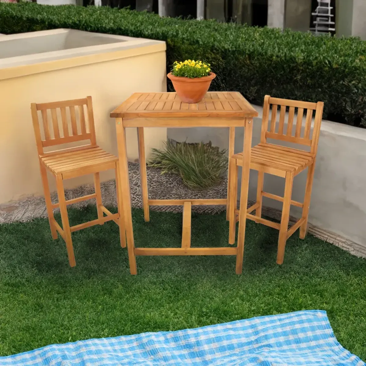 Sunnydaze 3-Piece Teak Outdoor Bar Set -  Brown