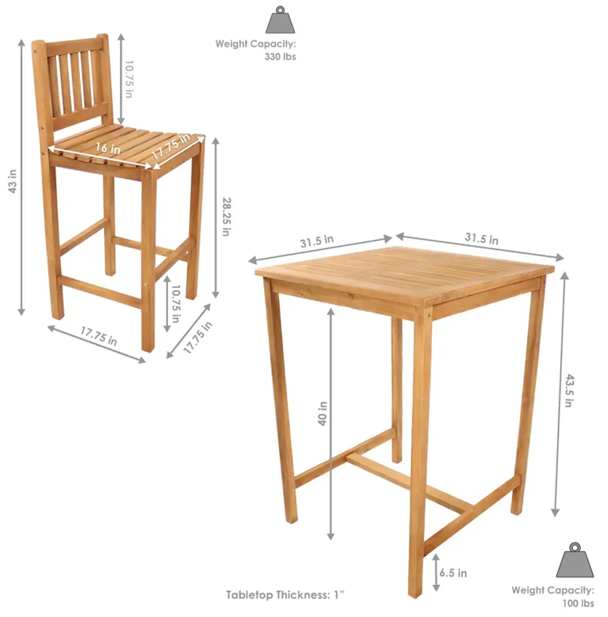 Sunnydaze 3-Piece Teak Outdoor Bar Set -  Brown