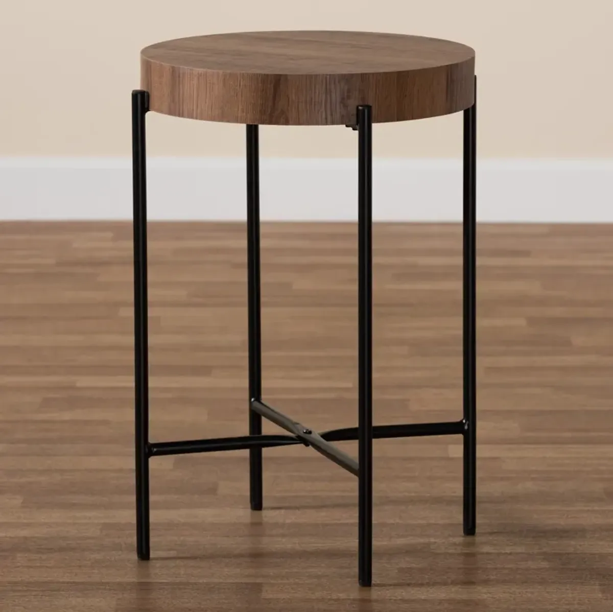 Baxton Studio Savion Modern Industrial Walnut Brown Finished Wood and Black Metal End Table