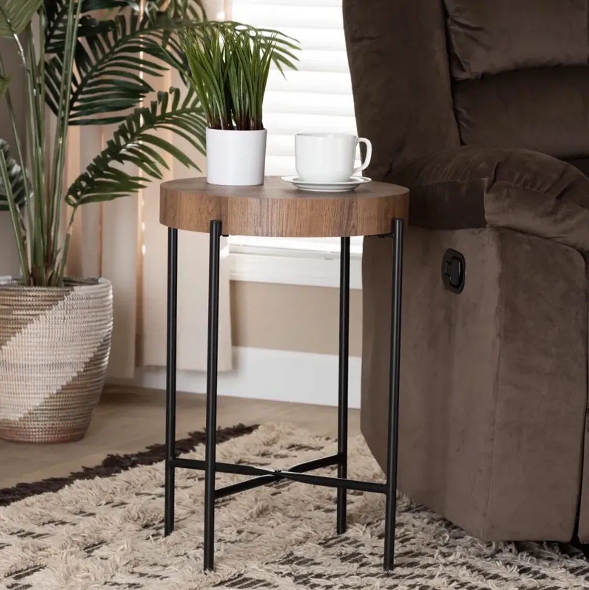 Baxton Studio Savion Modern Industrial Walnut Brown Finished Wood and Black Metal End Table