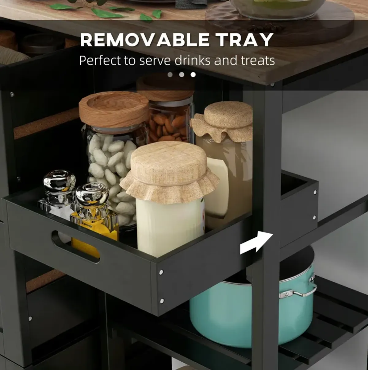 Black Kitchen Island: Wood Top, Shelves, Drawers, Wheeled