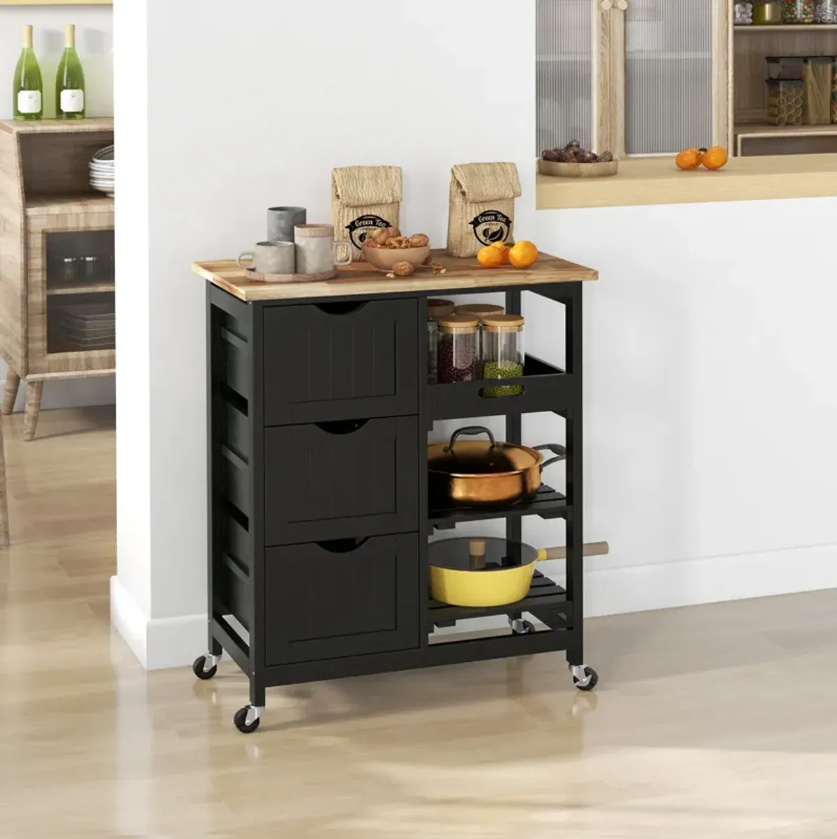 Black Kitchen Island: Wood Top, Shelves, Drawers, Wheeled