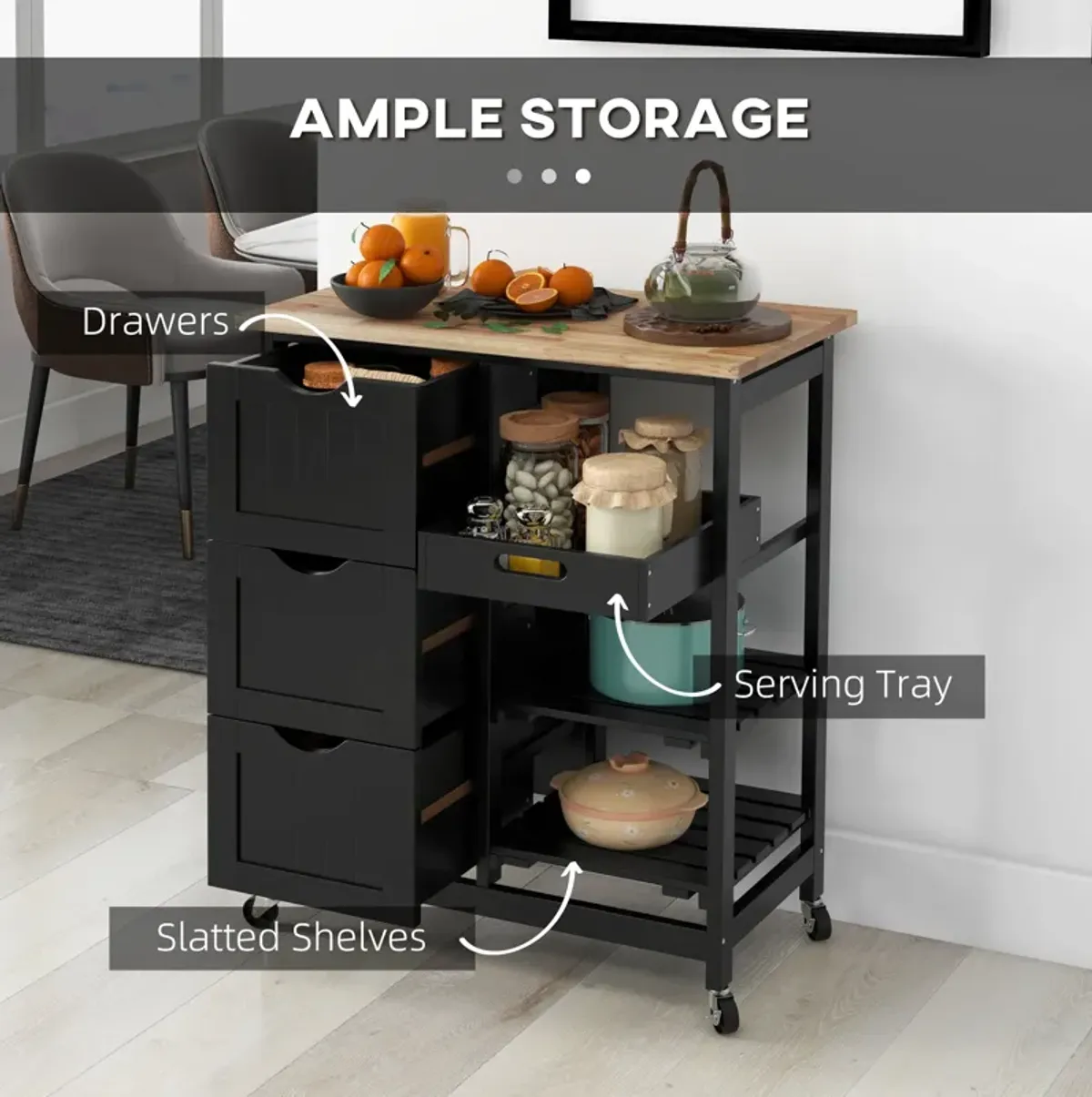 Black Kitchen Island: Wood Top, Shelves, Drawers, Wheeled