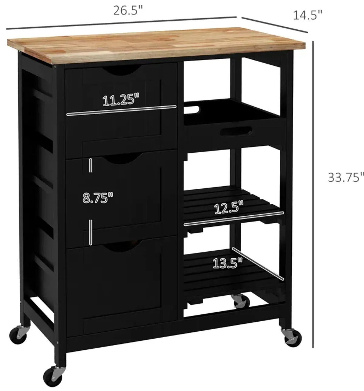 Black Kitchen Island: Wood Top, Shelves, Drawers, Wheeled