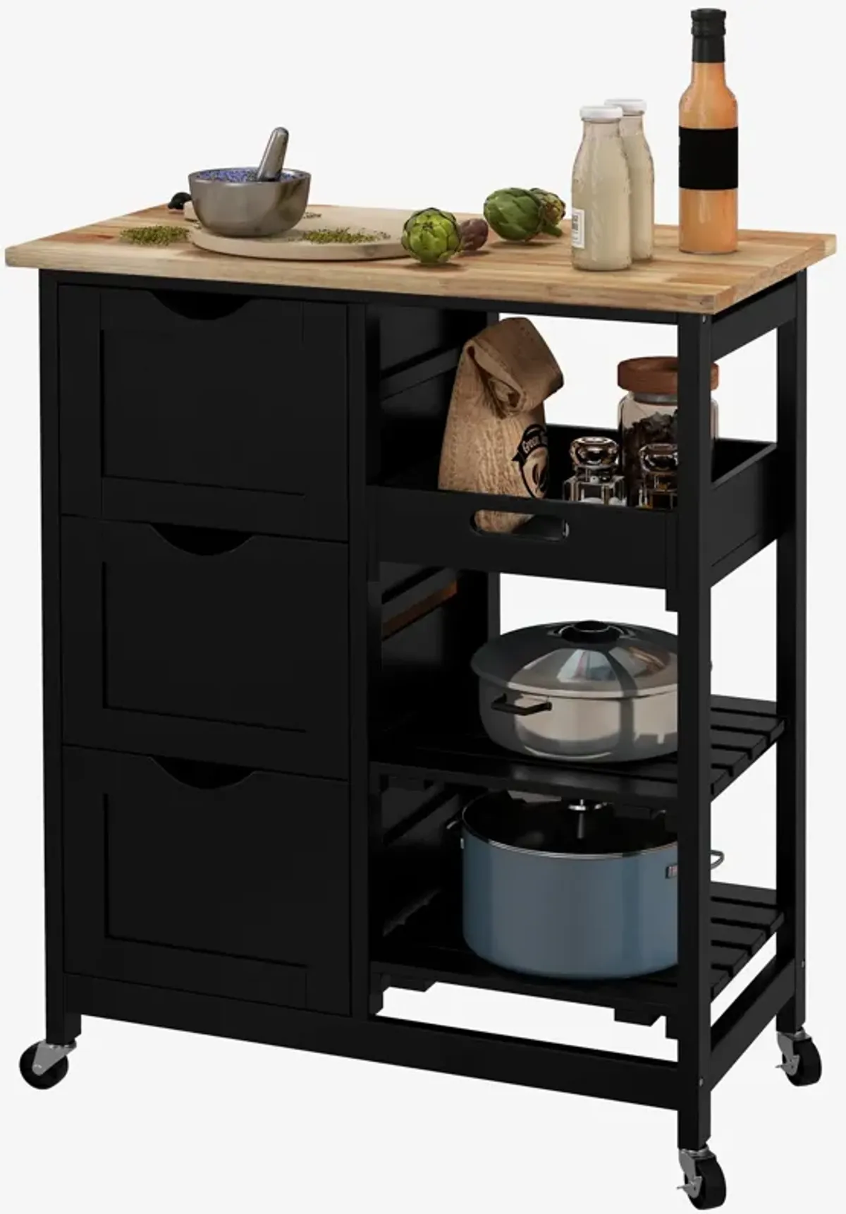 Black Kitchen Island: Wood Top, Shelves, Drawers, Wheeled