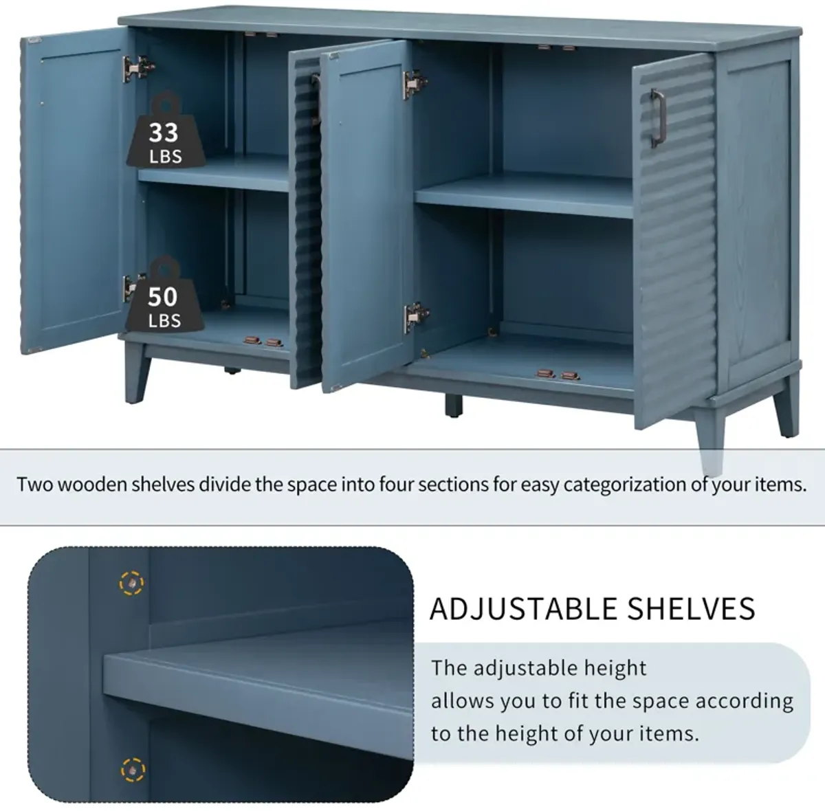 44" Sideboard Adjustable Shelves 4 Door Storage Buffet, Navy