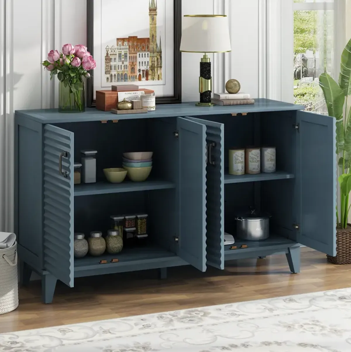 44" Sideboard Adjustable Shelves 4 Door Storage Buffet, Navy