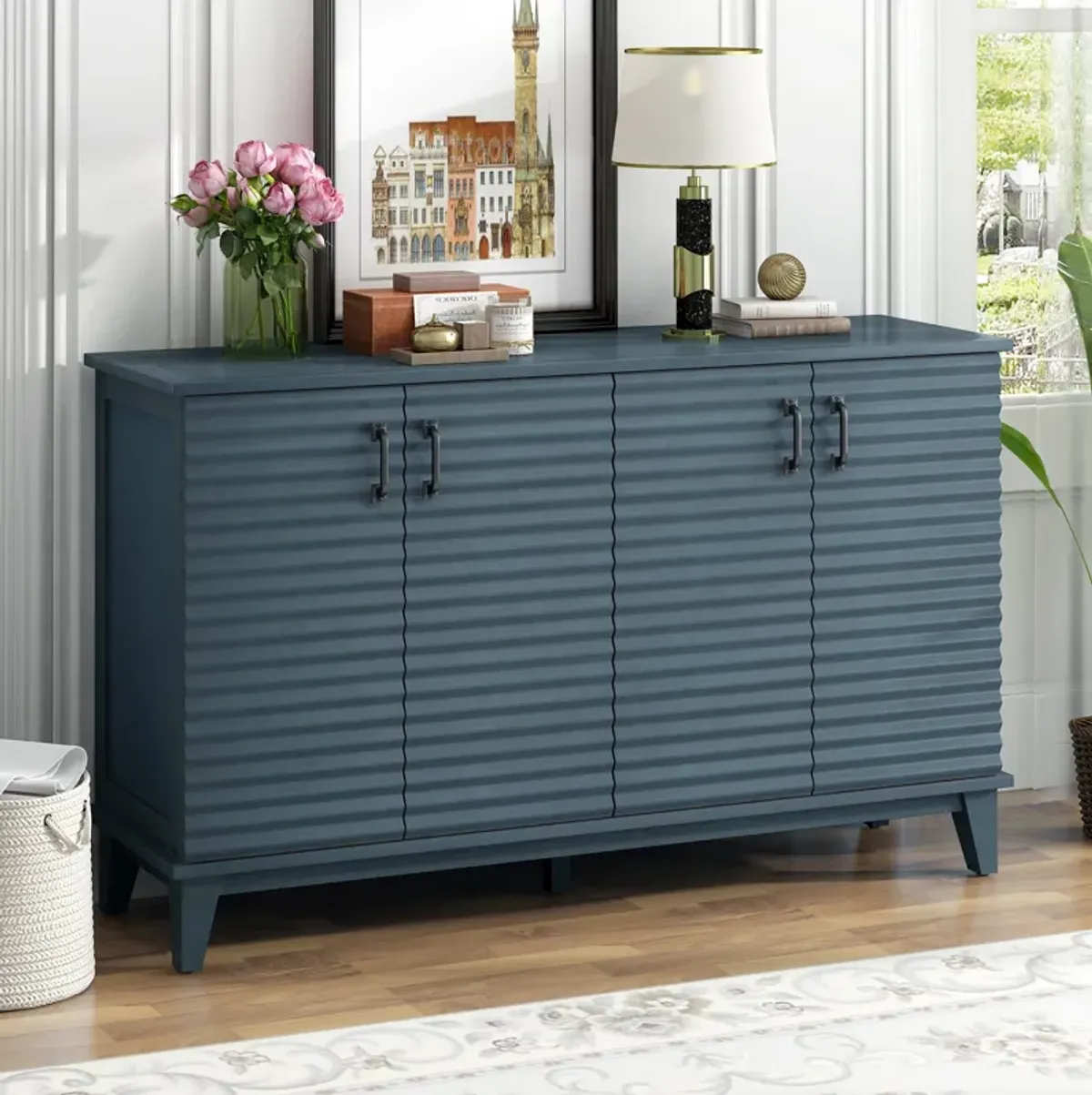 44" Sideboard Adjustable Shelves 4 Door Storage Buffet, Navy