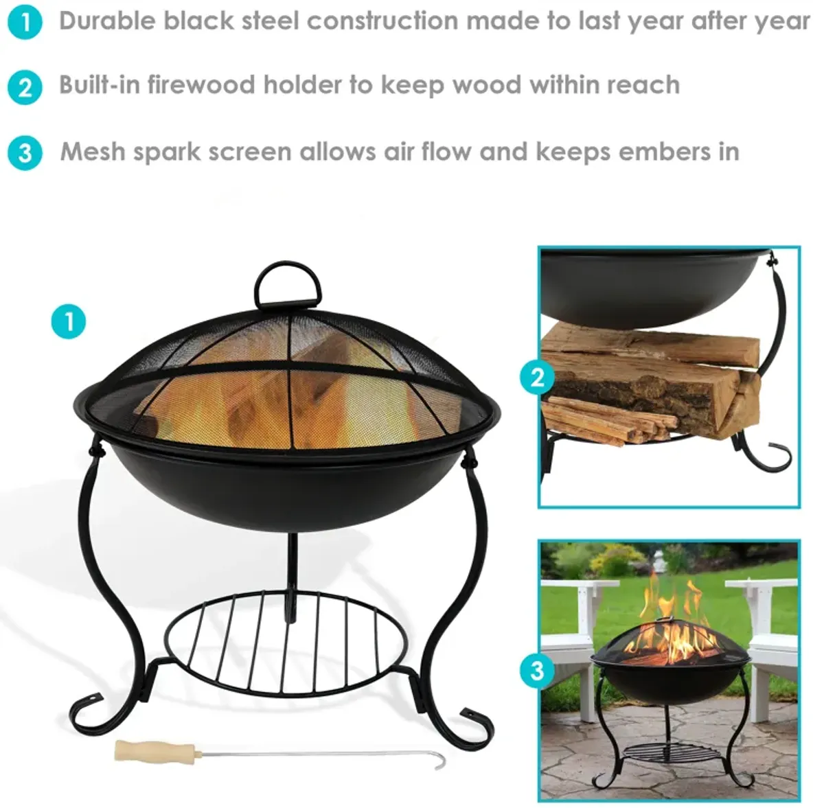 Sunnydaze 18 in Steel Fire Pit Bowl with Stand, Screen, Grate, and Poker