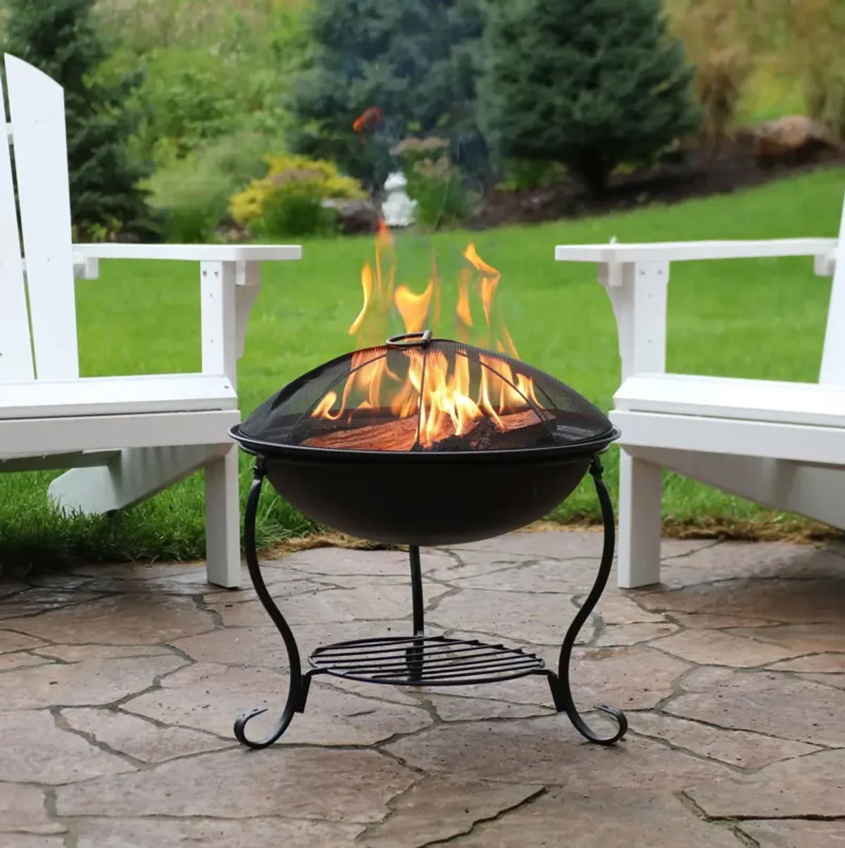 Sunnydaze 18 in Steel Fire Pit Bowl with Stand, Screen, Grate, and Poker