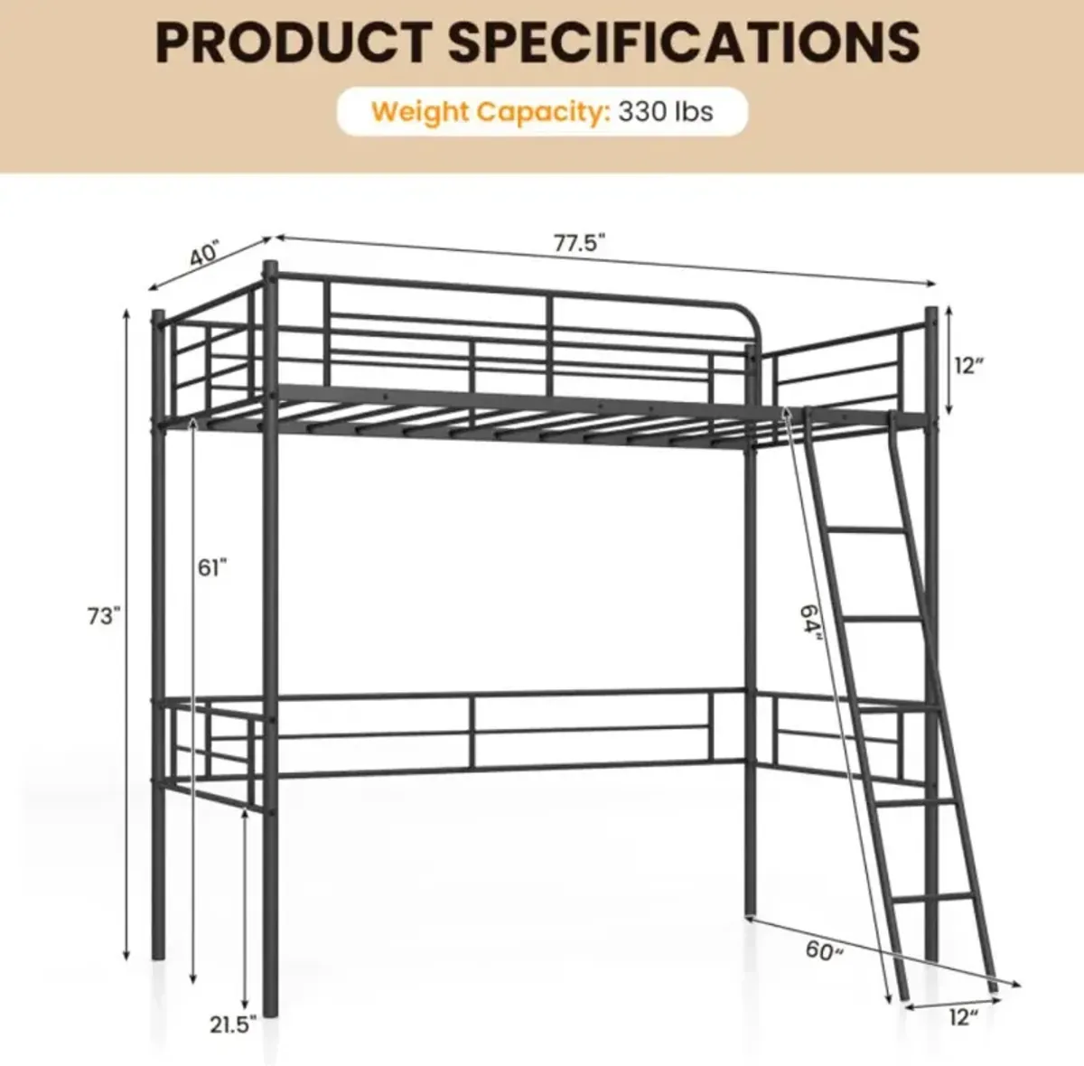 Hivvago Metal Loft Twin Bed Frame Single High Loft Bed-Black