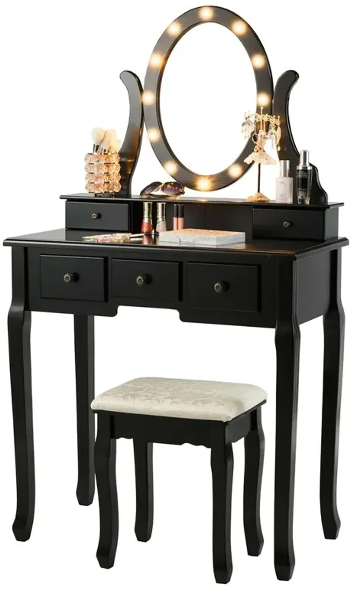 5 Drawers Vanity Table Stool Set with 12-LED Bulbs-Black