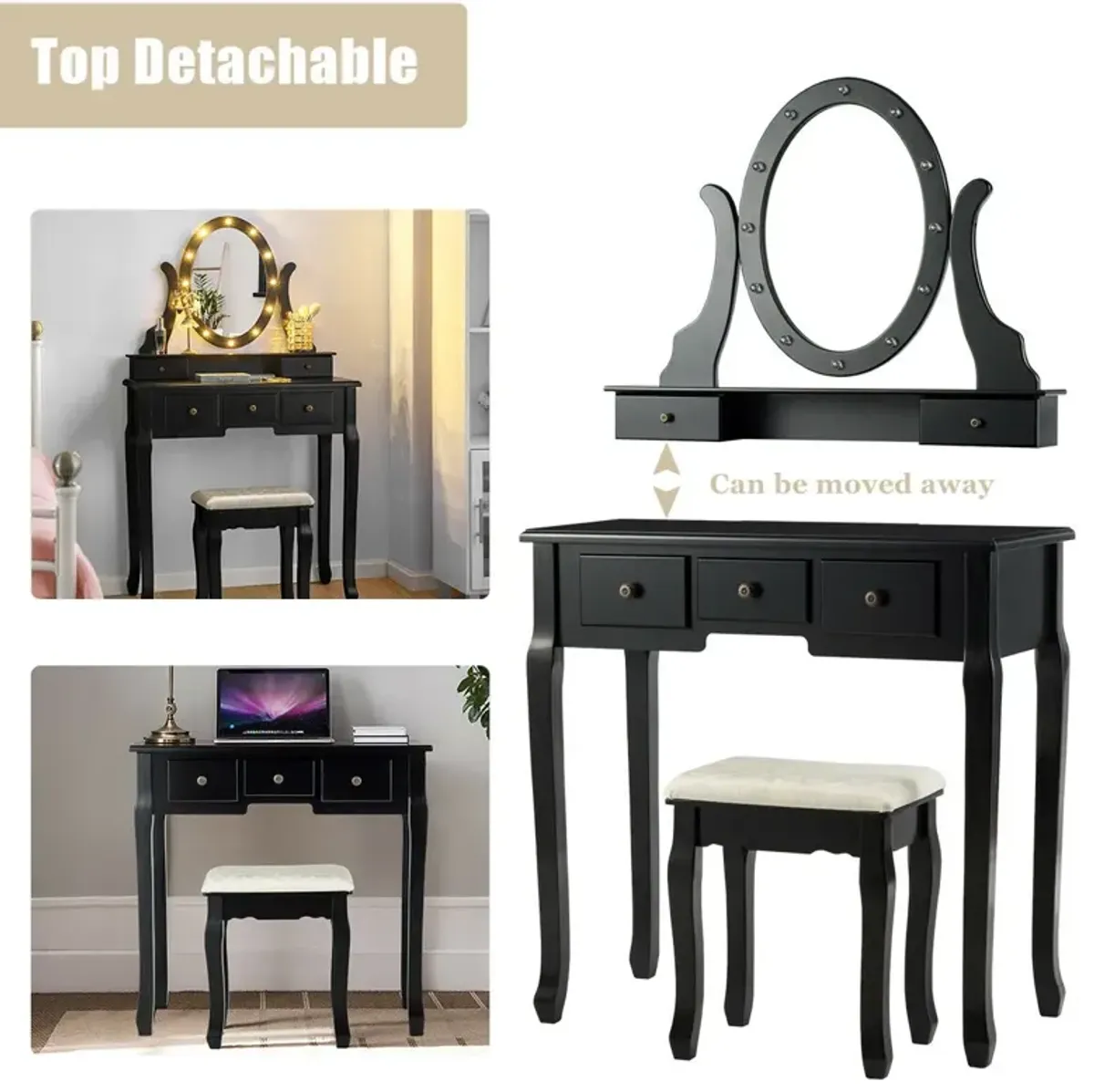 5 Drawers Vanity Table Stool Set with 12-LED Bulbs-Black