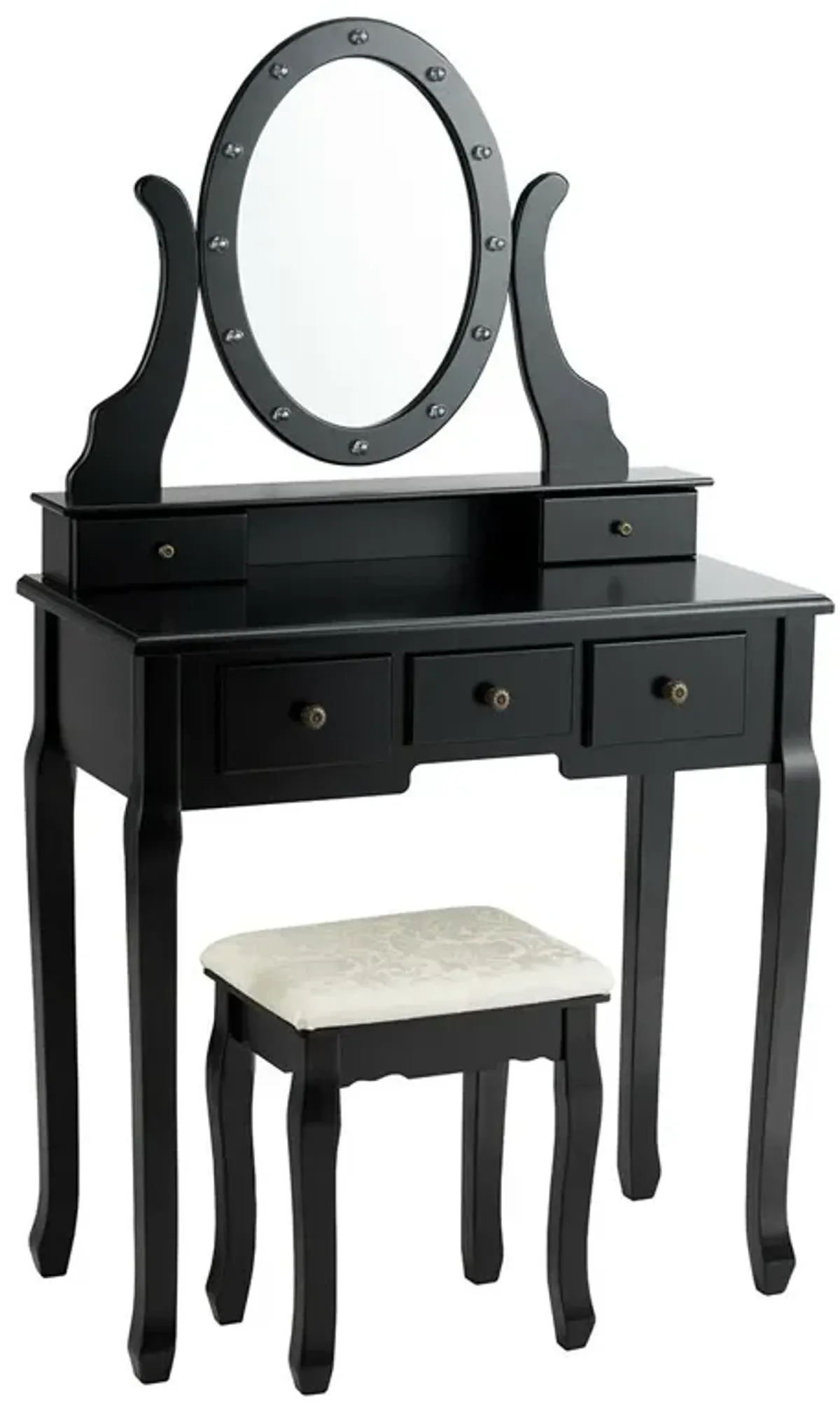 5 Drawers Vanity Table Stool Set with 12-LED Bulbs-Black