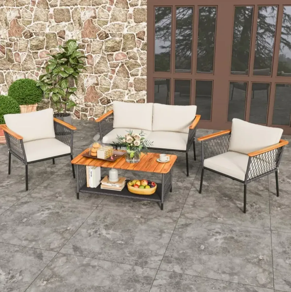 Hivvago 4 Piece Patio Rattan Furniture Set with 2-Tier Coffee Table