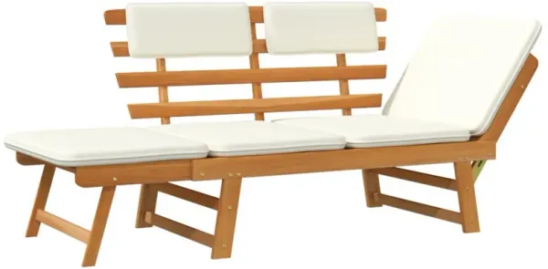 Outdoor Bench, Folding 2 in 1 Style, White Cushions, Brown Acacia Wood - Benzara