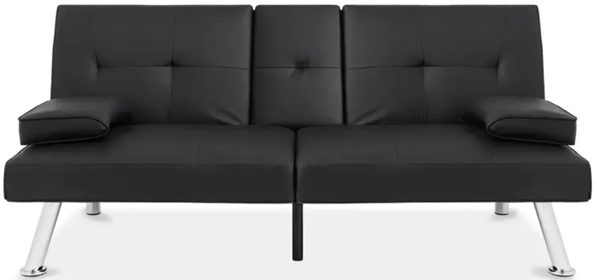 Faux Leather Sleeper Sofa – Convertible Futon with Foldable Cup Holder Armrest for Home & Apartment