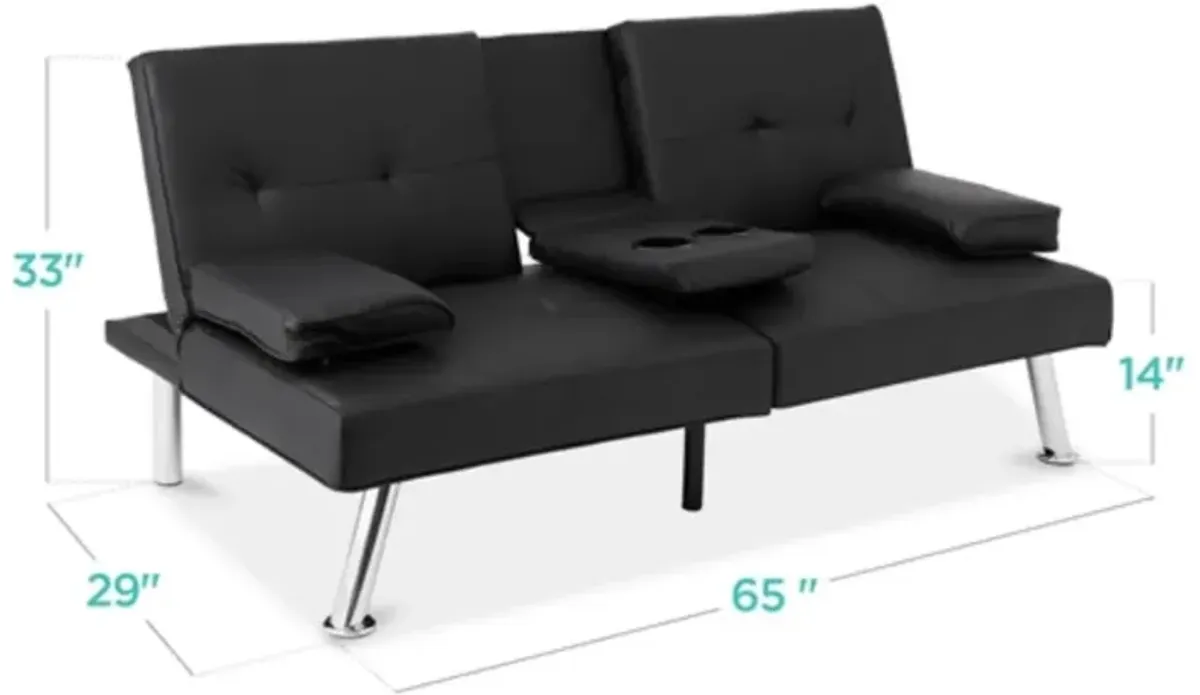 Faux Leather Sleeper Sofa – Convertible Futon with Foldable Cup Holder Armrest for Home & Apartment