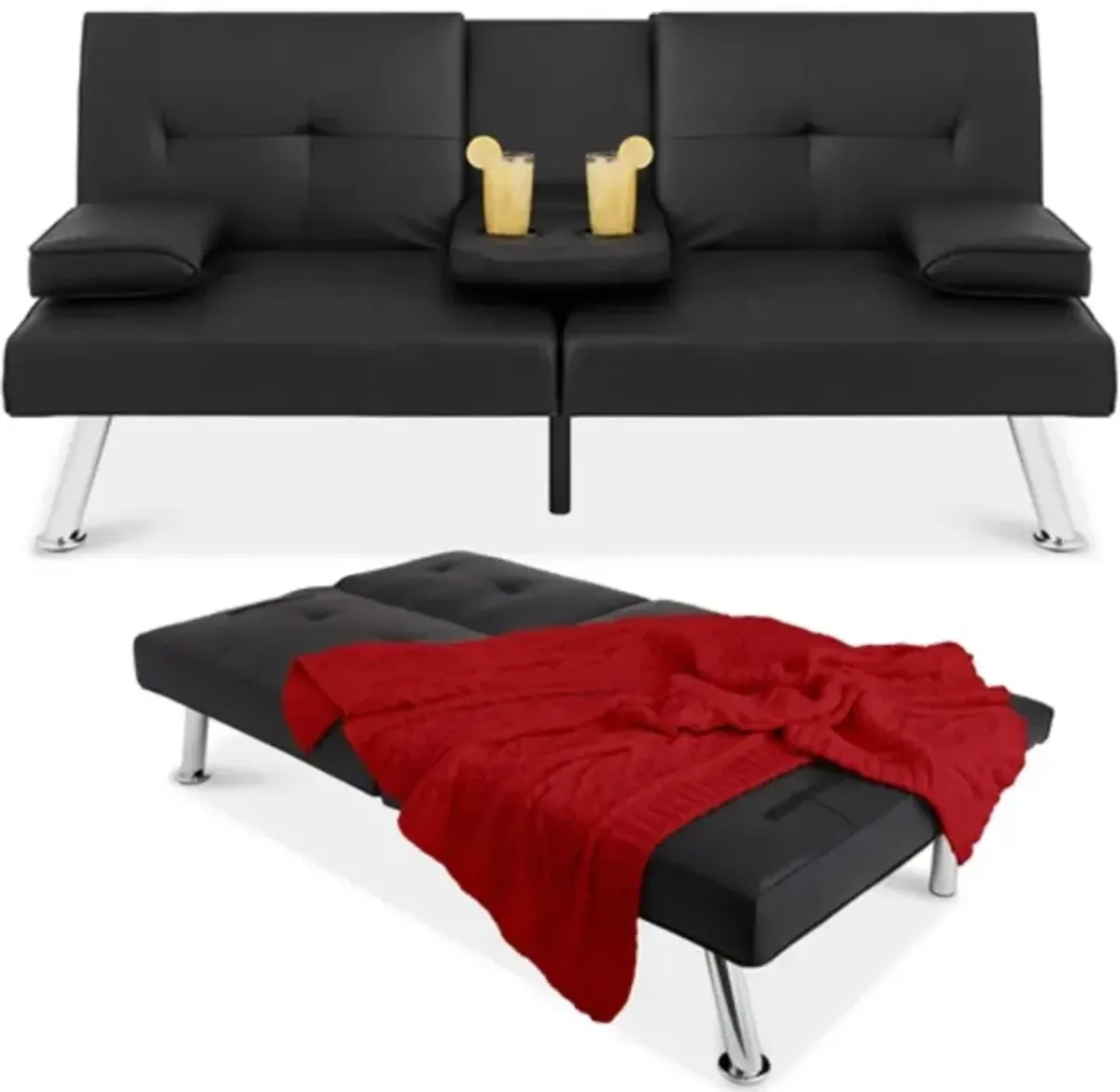 Faux Leather Sleeper Sofa – Convertible Futon with Foldable Cup Holder Armrest for Home & Apartment