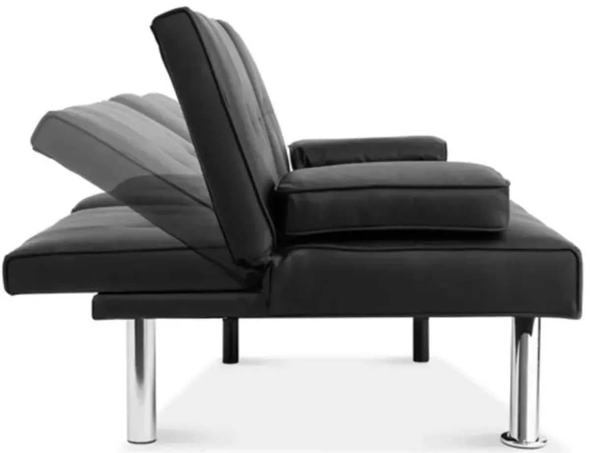 Faux Leather Sleeper Sofa – Convertible Futon with Foldable Cup Holder Armrest for Home & Apartment