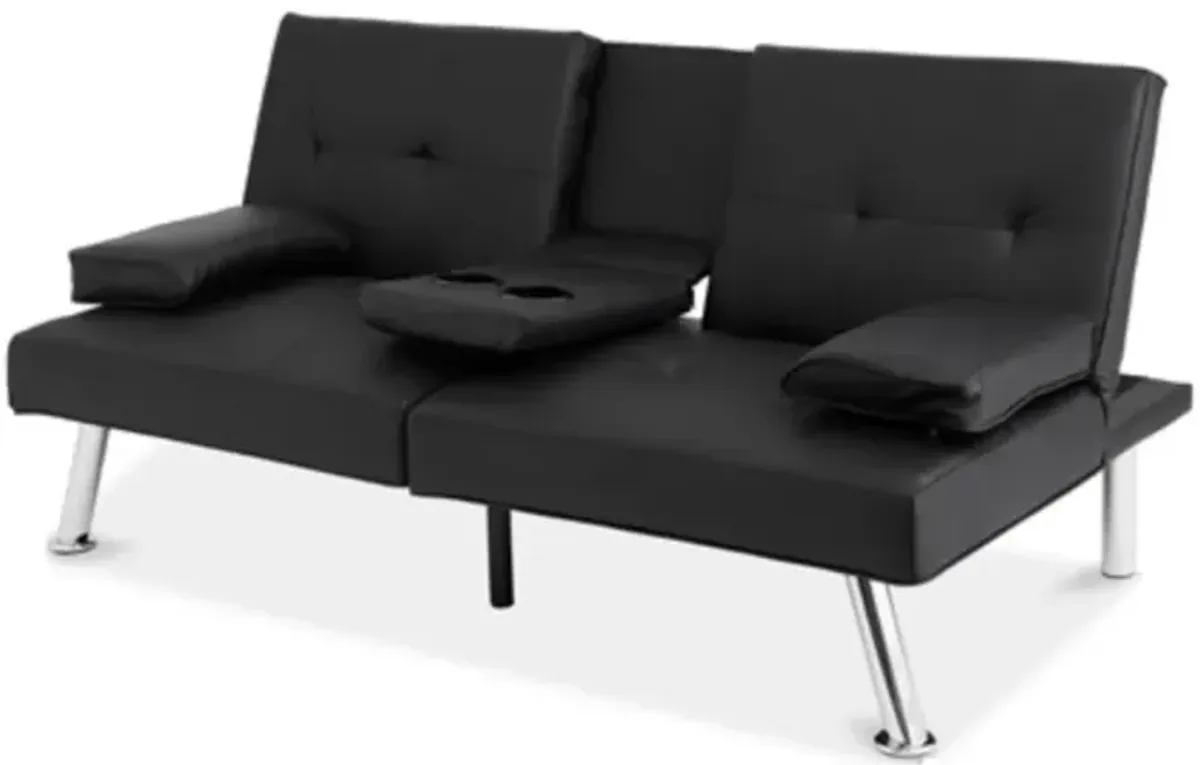 Faux Leather Sleeper Sofa – Convertible Futon with Foldable Cup Holder Armrest for Home & Apartment