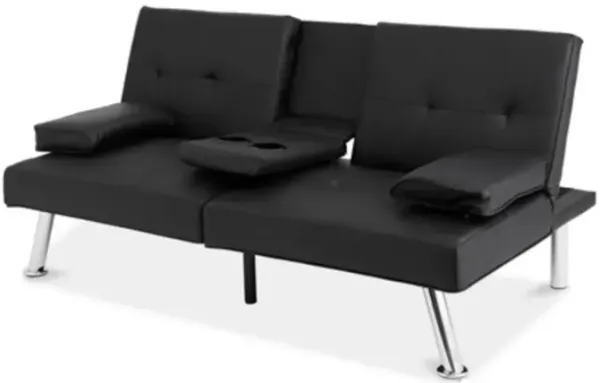 Faux Leather Sleeper Sofa – Convertible Futon with Foldable Cup Holder Armrest for Home & Apartment