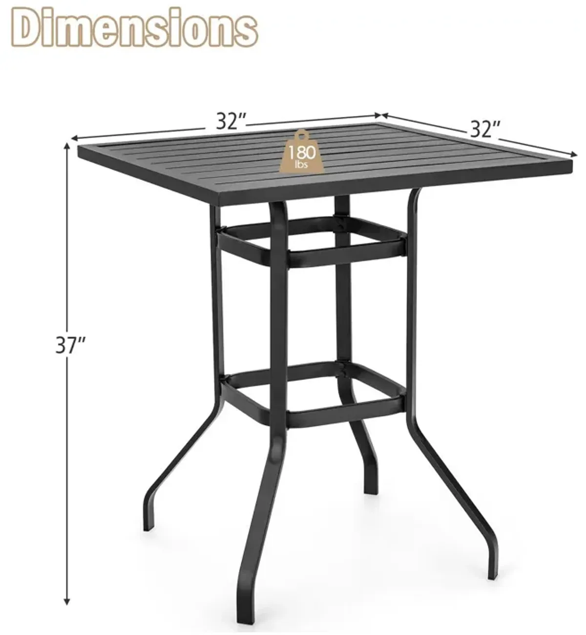 32 Inches Outdoor Steel Square Bar Table with Powder-Coated Tabletop