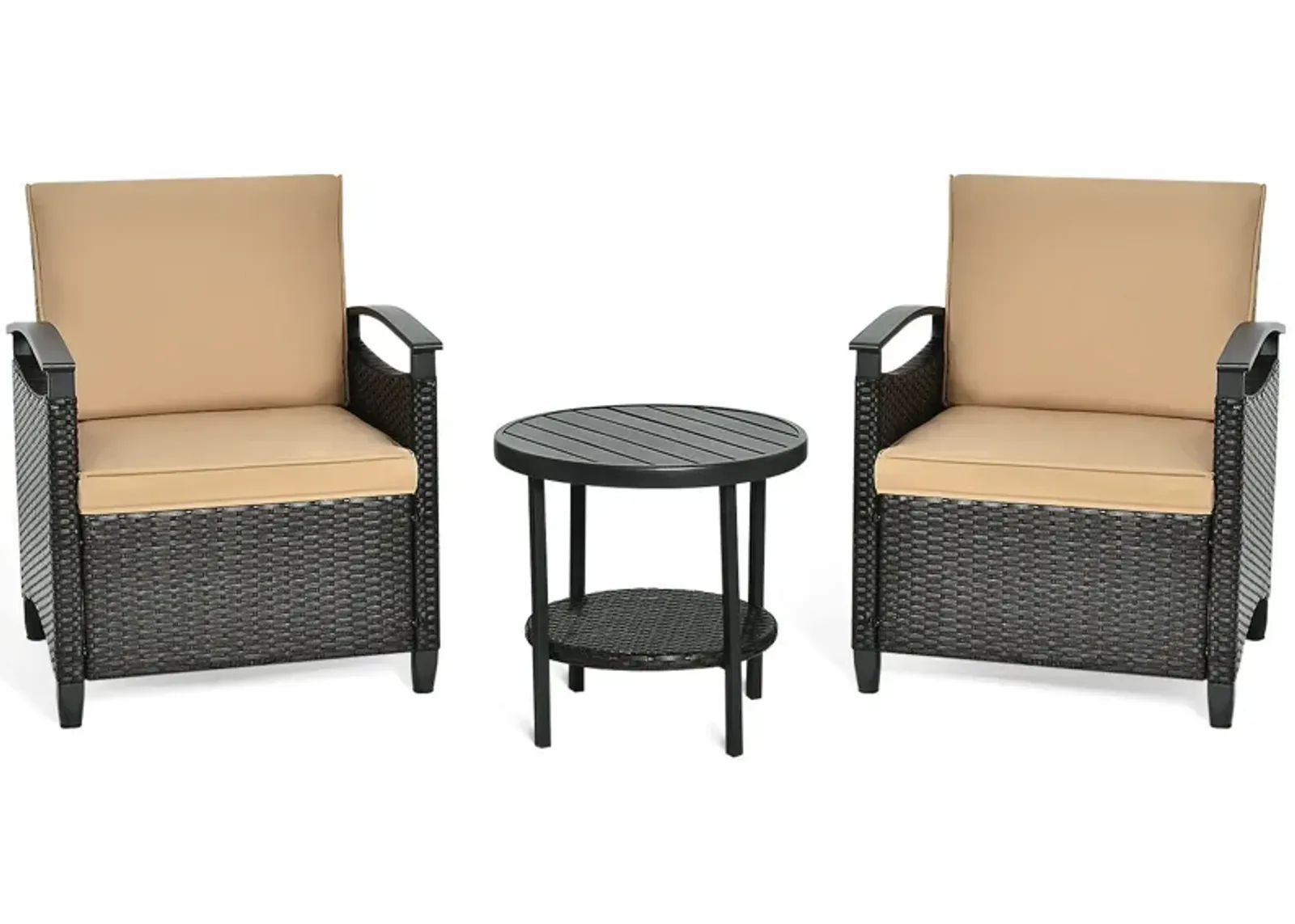 3 Pieces Patio Rattan Furniture Set Cushioned Sofa Storage Table with Shelf Garden