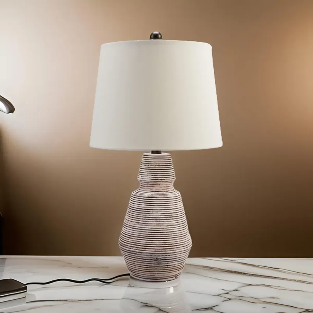 Aerd 23 Inch Table Lamp Set of 2, White Drum Shade, Ribbed Base Turned - Benzara