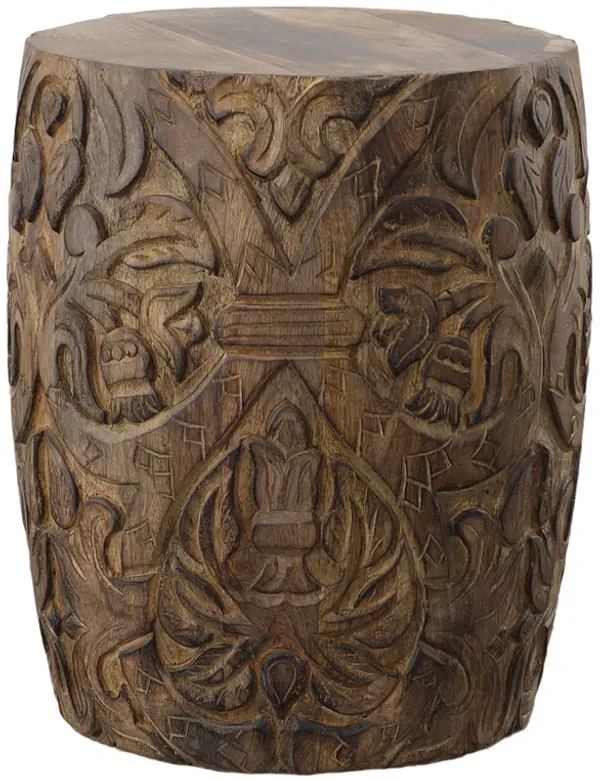 Rea 18 Inch Handcrafted Mango Wood Side End Table, Round Drum Shape, Carved Damask Pattern, Walnut Brown-Benzara