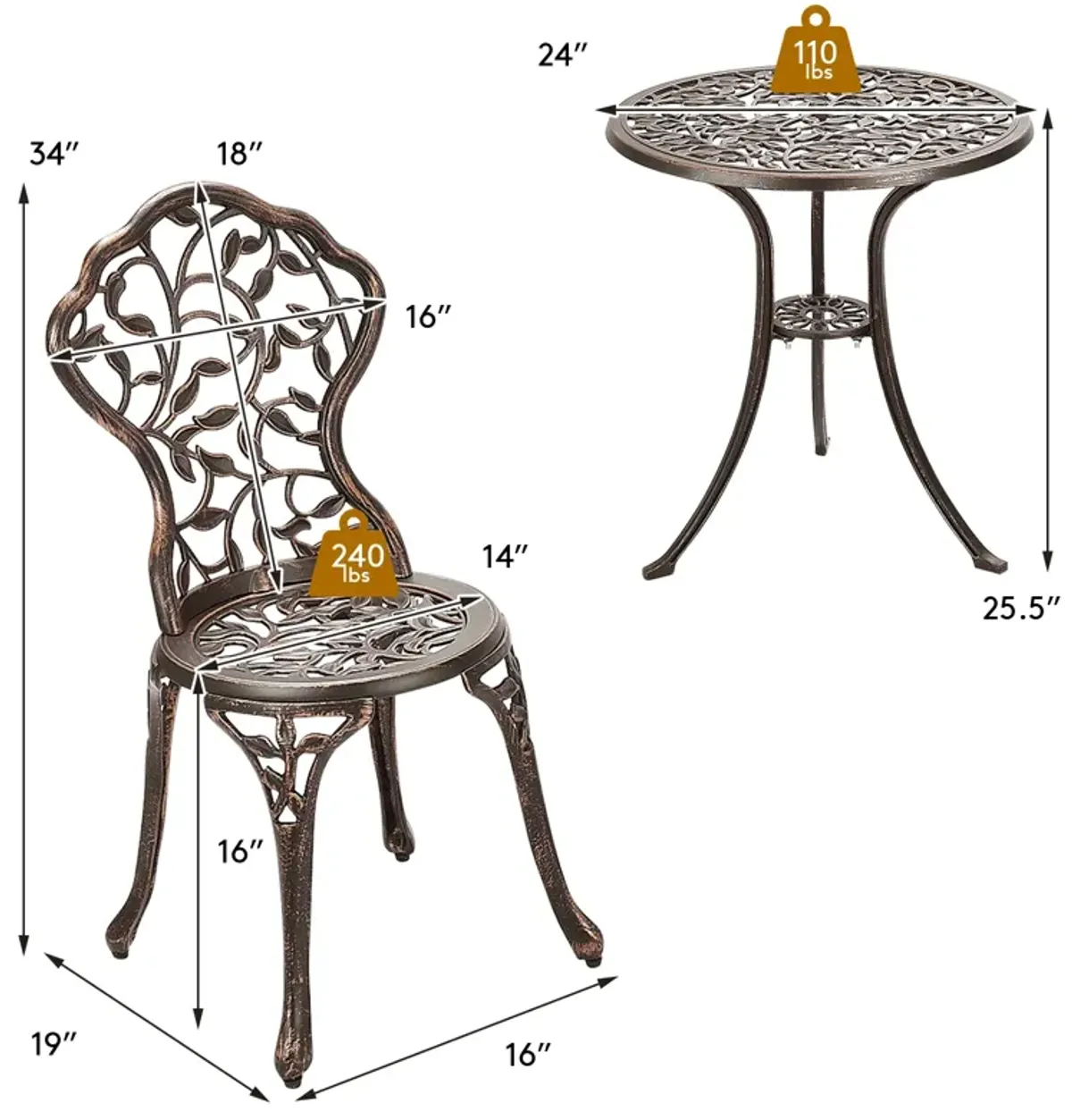 3 Pieces Cast Aluminum Bistro Set