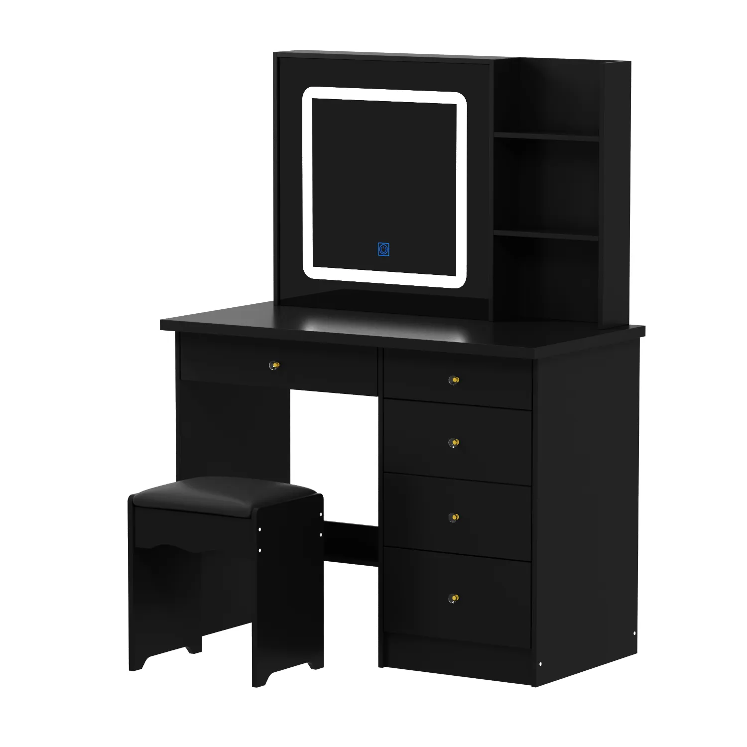 Black 5- Drawers 39.4 in. W Makeup Vanity Sets Chest of Drawers with LED Dimmable Mirror, Stool, 3-Tier Storage Shelves