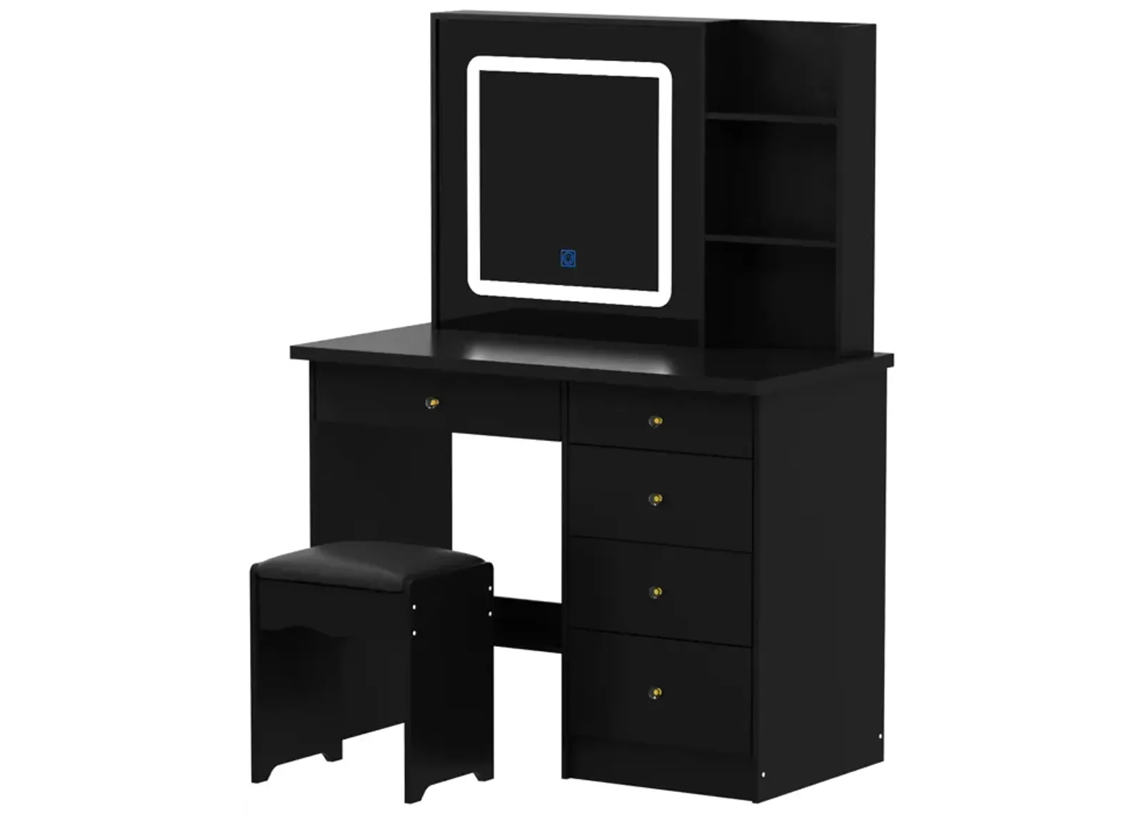 Black 5- Drawers 39.4 in. W Makeup Vanity Sets Chest of Drawers with LED Dimmable Mirror, Stool, 3-Tier Storage Shelves