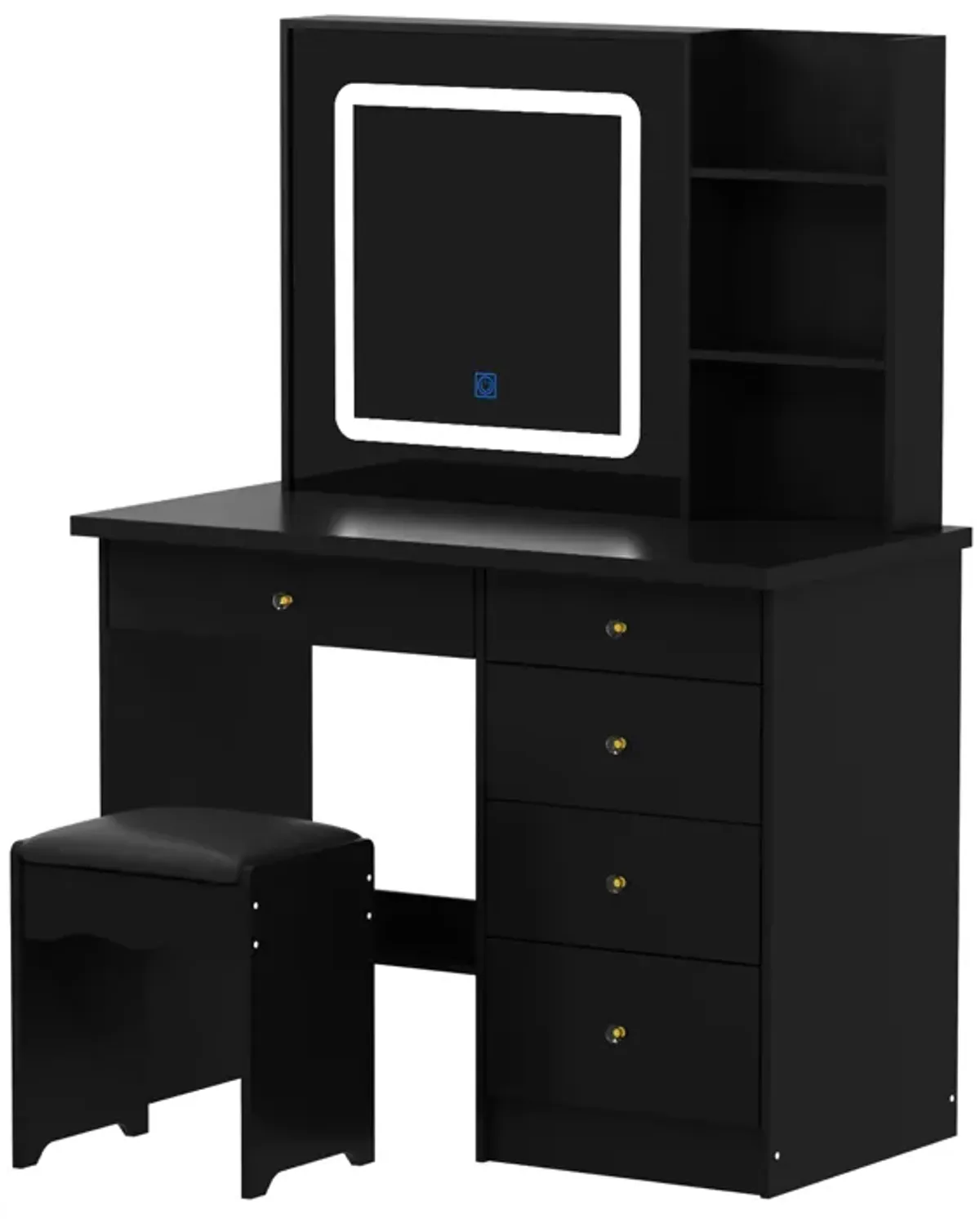 Black 5- Drawers 39.4 in. W Makeup Vanity Sets Chest of Drawers with LED Dimmable Mirror, Stool, 3-Tier Storage Shelves