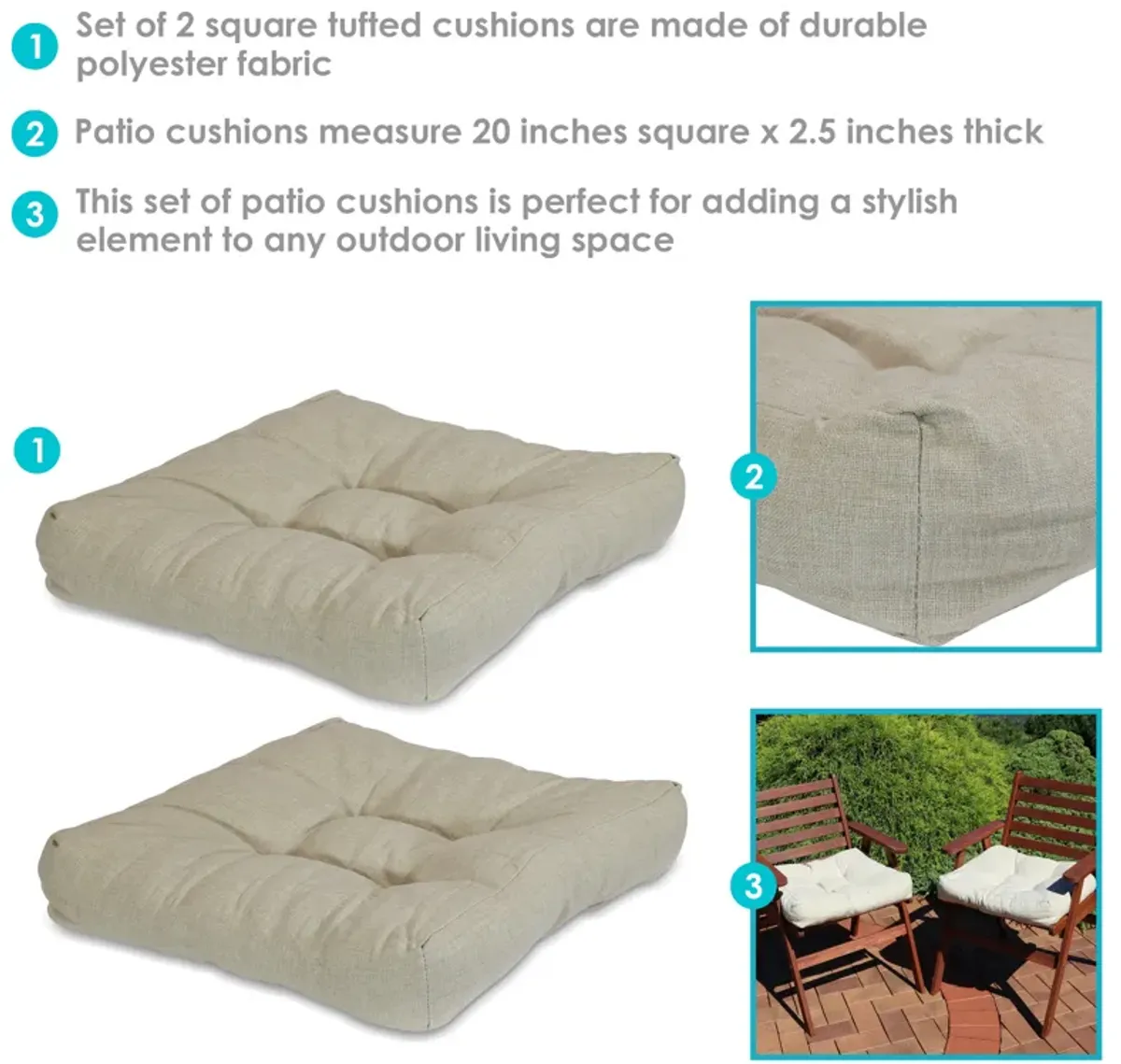 Sunnydaze Outdoor Square Olefin Tufted Seat Cushions - Set of 2