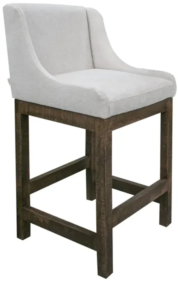 Lamy Barstool Chair, Curved Arms, Compact Solid Pine Wood, Beige Polyester - Benzara