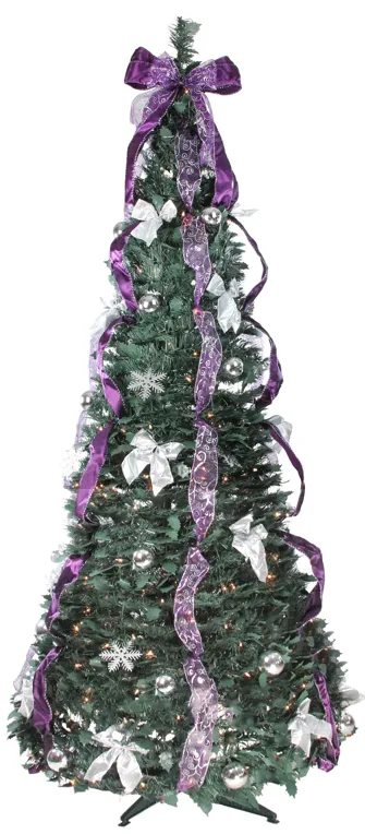 6' Pre-Lit Purple and Silver Pre-Decorated Pop-Up Artificial Christmas Tree  Clear Lights