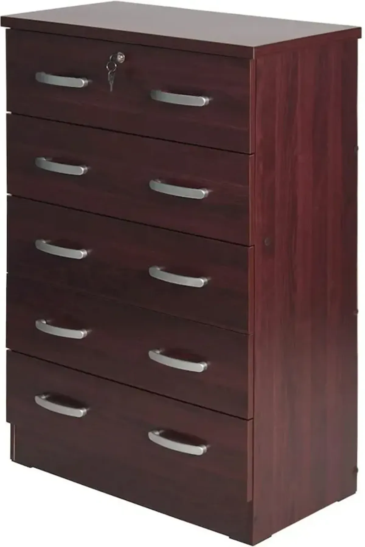 Better Home Products Cindy 5 Drawer Chest Wooden Dresser with Lock in Mahogany