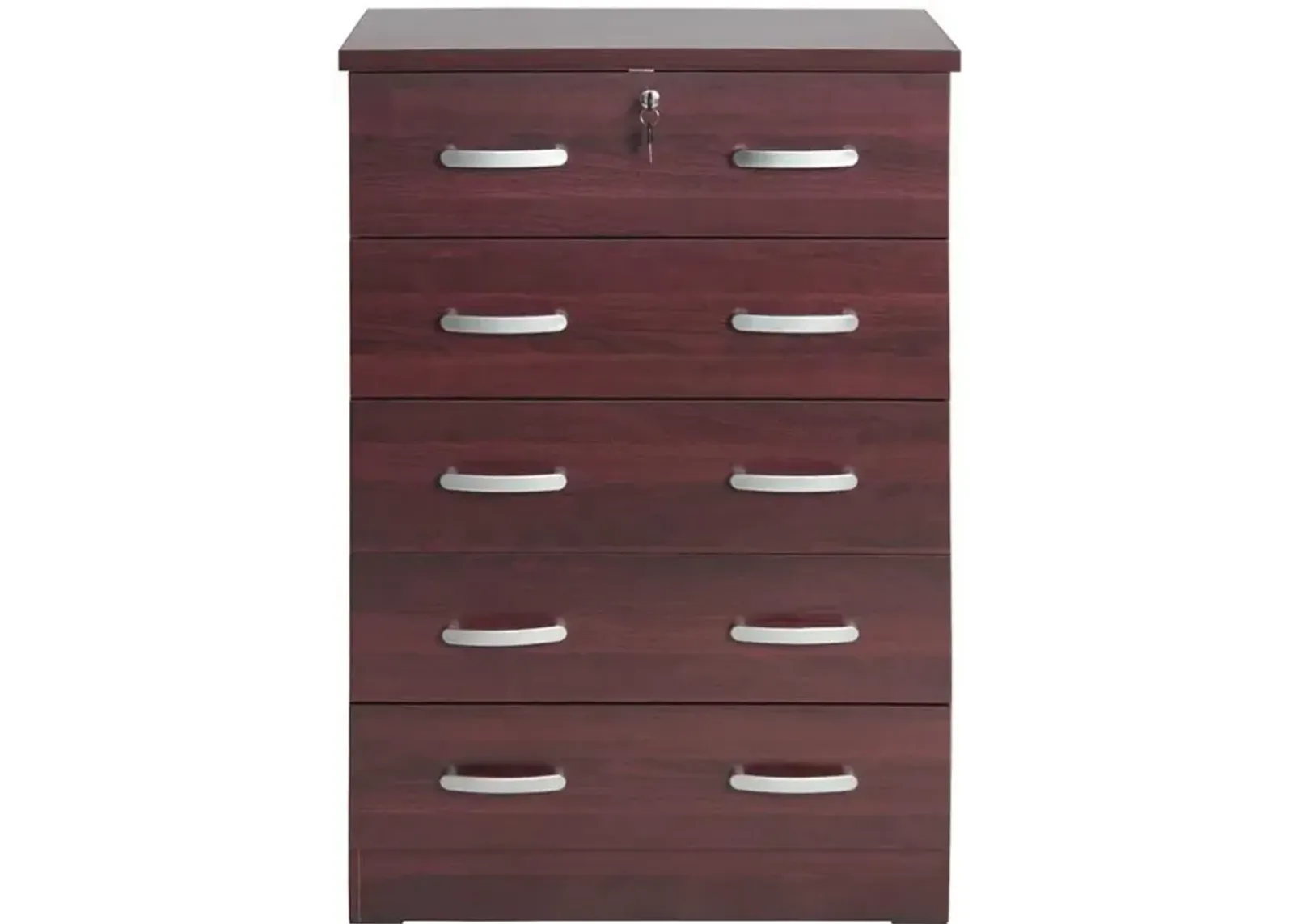 Better Home Products Cindy 5 Drawer Chest Wooden Dresser with Lock in Mahogany