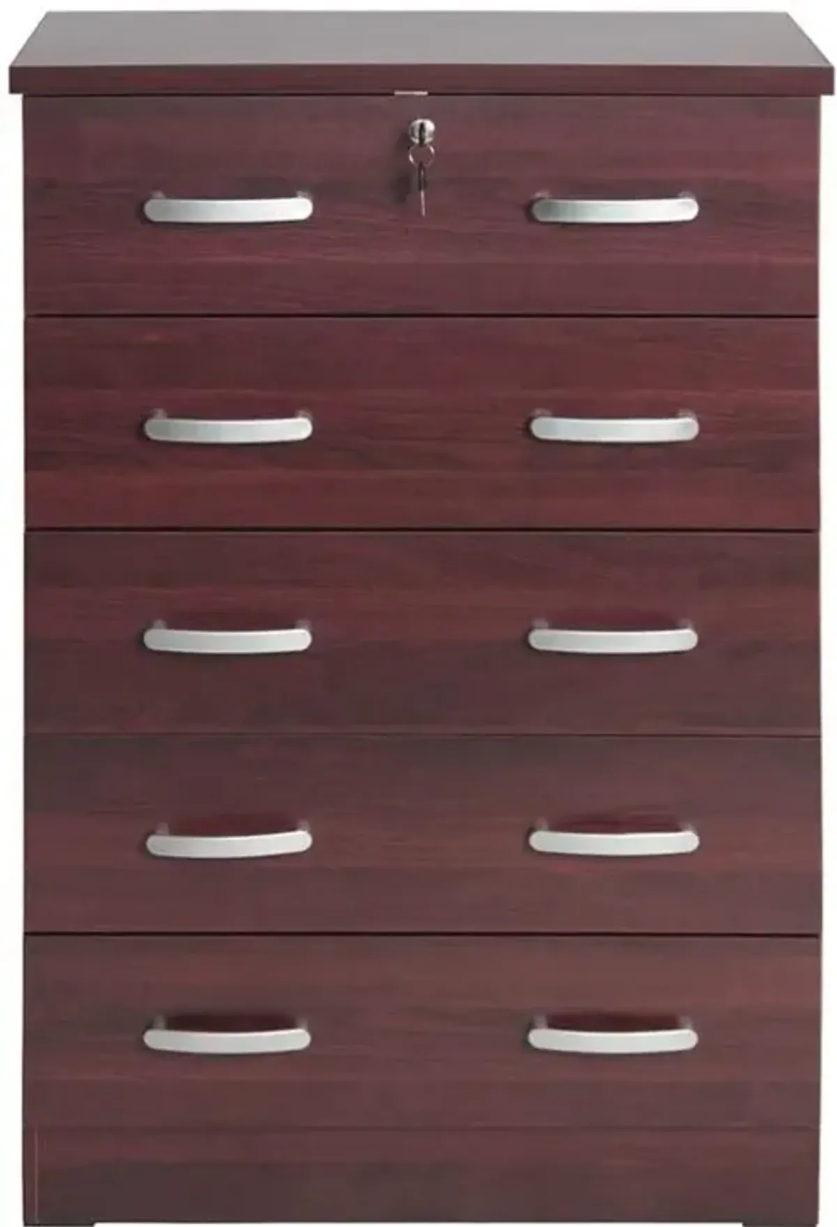 Better Home Products Cindy 5 Drawer Chest Wooden Dresser with Lock in Mahogany