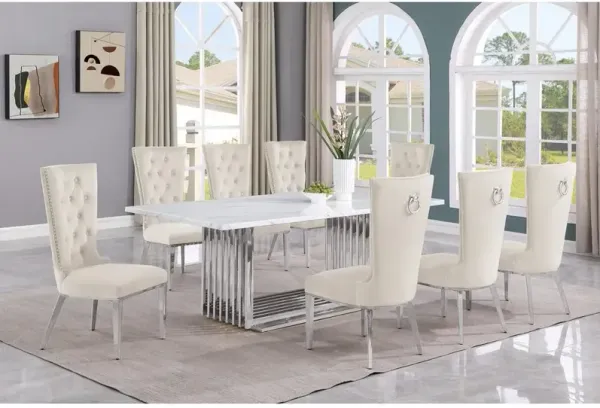 9pc Large(79") marble top dining set with silver base and 8 cream side chairs