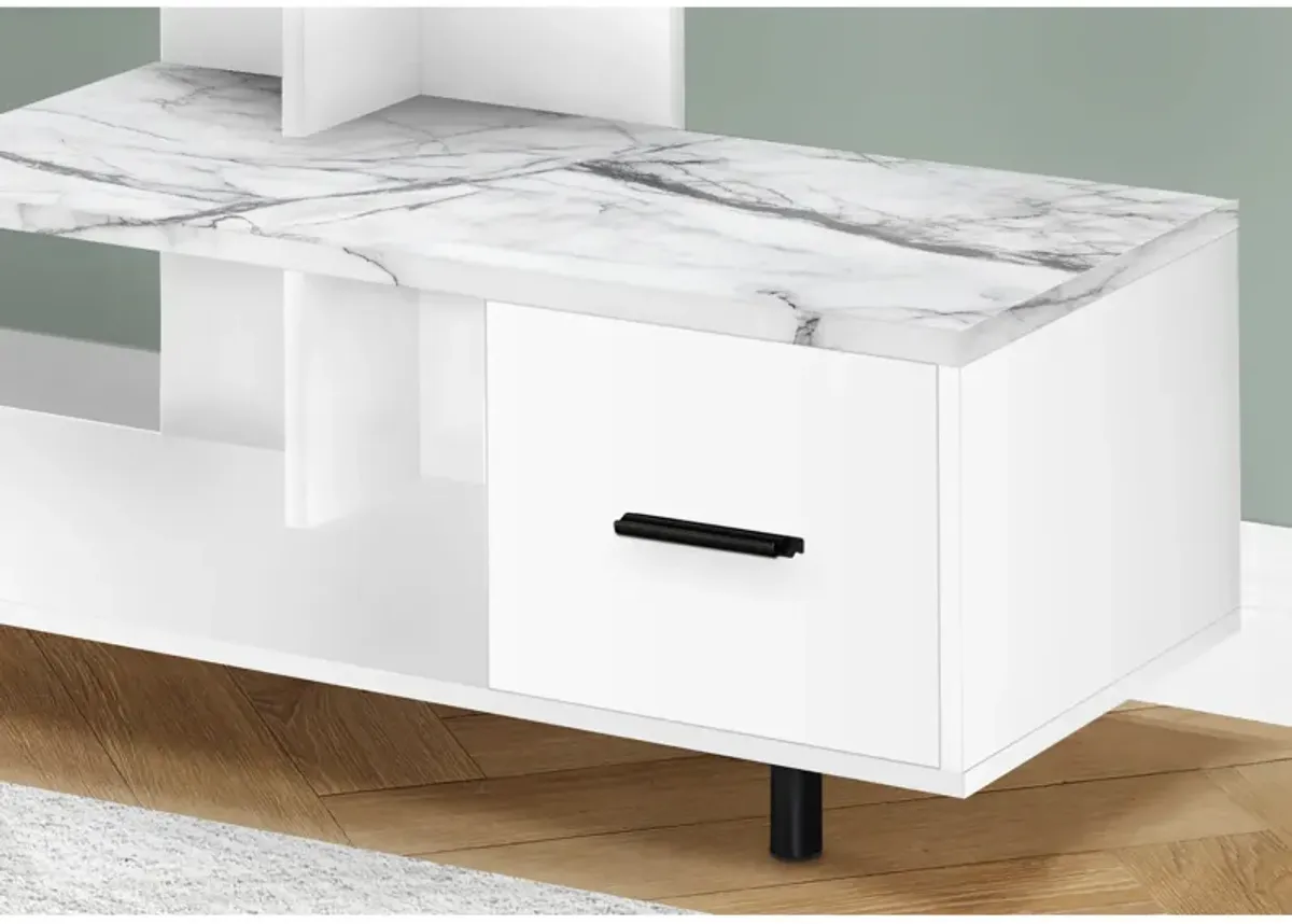 Monarch Specialties I 2609 Tv Stand, 48 Inch, Console, Media Entertainment Center, Storage Drawer, Living Room, Bedroom, Laminate, White Marble Look, Contemporary, Modern