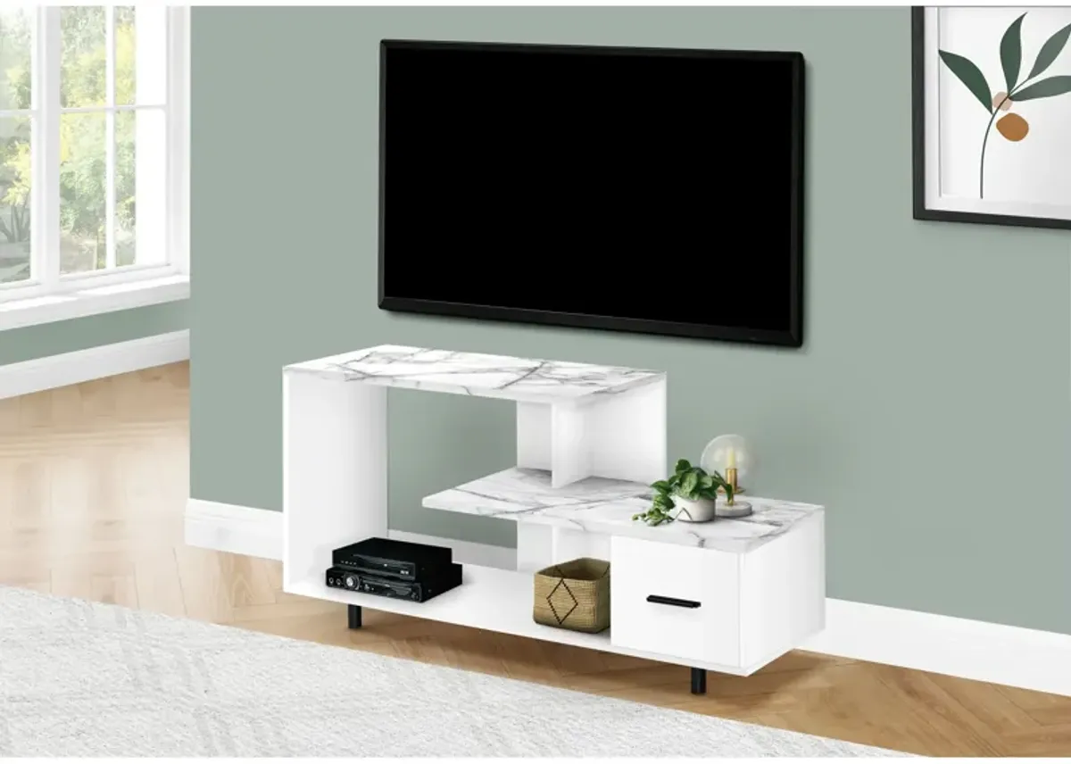 Monarch Specialties I 2609 Tv Stand, 48 Inch, Console, Media Entertainment Center, Storage Drawer, Living Room, Bedroom, Laminate, White Marble Look, Contemporary, Modern